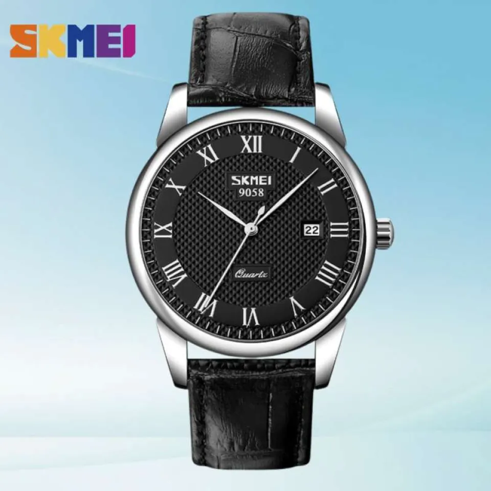 SKMEI 9058 Men’s Classic Analog Black Leather Strap Watch